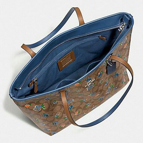 Coach Blue/Beige Floral Print Signature Coated Leather Canvas Tote - Picture 11 of 14